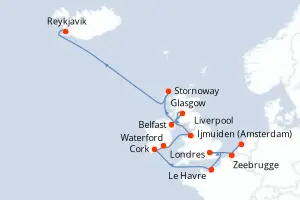 Carte de l’itinéraire du Seven Seas Mariner · 15 jours / 14 nuits, Îles britanniques & Irlande