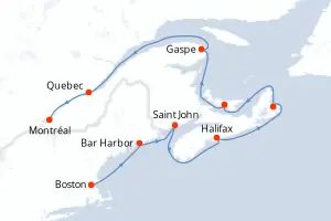 Carte de l’itinéraire du Seven Seas Prestige · 12 jours / 11 nuits, Canada / Nouvelle-Angleterre