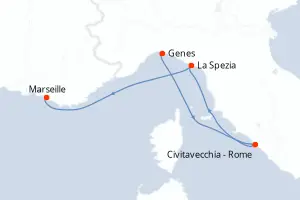 Carte de l’itinéraire du MSC World Europa · 4 jours / 3 nuits, Méditerranée occidentale