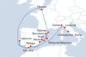 Carte de l’itinéraire de l’EXPLORA II · 15 jours / 14 nuits, Méditerranée occidentale