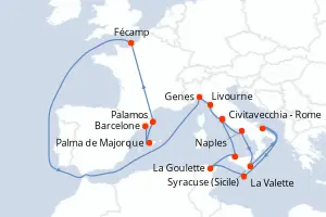 Carte de l’itinéraire de l’EXPLORA II · 18 jours / 17 nuits, Méditerranée occidentale