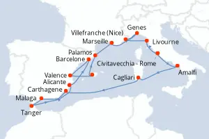 Carte de l’itinéraire de l’EXPLORA II · 20 jours / 19 nuits, Méditerranée occidentale