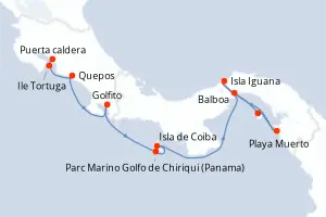 Carte de l’itinéraire du Star Clipper · 10 jours / 9 nuits, Amérique centrale & Canal de Panama