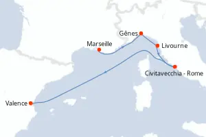 Carte de l’itinéraire du MSC Sinfonia · 6 jours / 5 nuits, Méditerranée occidentale