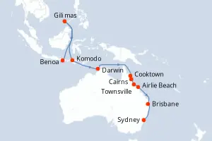 Carte de l’itinéraire du Seven Seas Explorer · 17 jours / 16 nuits, Australie & Nouvelle-Zélande