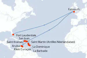 Carte de l’itinéraire de l’Emerald Princess · 15 jours / 14 nuits, Caraïbes