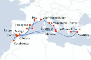 Carte de l’itinéraire du Celestyal Discovery · 23 jours / 22 nuits, Méditerranée occidentale