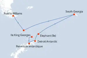 Carte de l’itinéraire du Silver Endeavour · 16 jours / 15 nuits, Amérique du Sud