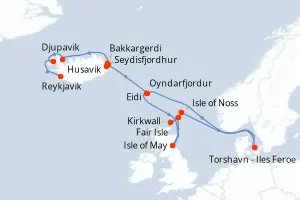 Carte de l’itinéraire du Silver Wind · 13 jours / 12 nuits, Islande