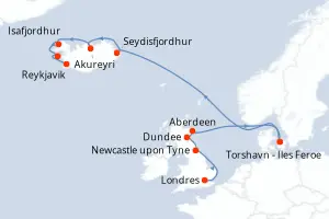 Carte de l’itinéraire du Seven Seas Prestige · 13 jours / 12 nuits, Islande