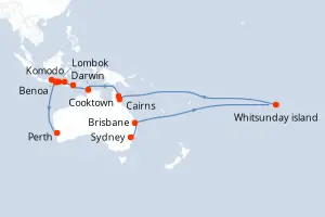 Carte de l’itinéraire de l’Oceania Riviera · 24 jours / 23 nuits, Australie & Nouvelle-Zélande