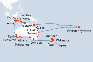 Carte de l’itinéraire de l’Oceania Riviera · 41 jours / 40 nuits, Australie & Nouvelle-Zélande