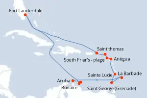 Carte de l’itinéraire de l’Island Princess · 17 jours / 16 nuits, Petites Antilles