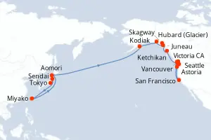 Carte de l’itinéraire du Seven Seas Splendor · 28 jours / 27 nuits, Amérique du Nord