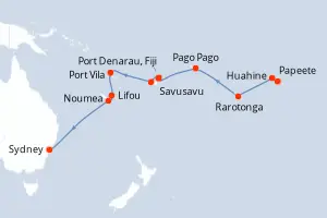 Carte de l’itinéraire de l’Oceania Vista · 19 jours / 18 nuits, Pacifique Sud / Polynésie