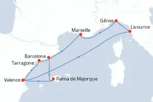 Carte de l’itinéraire du MSC Sinfonia · 9 jours / 8 nuits, Méditerranée occidentale