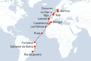 Carte de l’itinéraire du Costa Diadema · 26 jours / 25 nuits, Îles de l'Atlantique