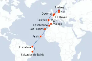 Carte de l’itinéraire du Costa Diadema · 23 jours / 22 nuits, Îles de l'Atlantique