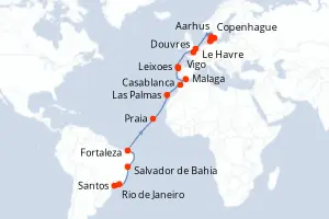 Carte de l’itinéraire du Costa Diadema · 28 jours / 27 nuits, Îles de l'Atlantique