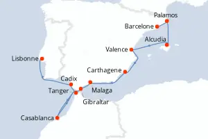 Carte de l’itinéraire du Silver Spirit · 13 jours / 12 nuits, Méditerranée occidentale