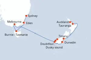 Carte de l’itinéraire du Norwegian Spirit · 12 jours / 11 nuits, Australie & Nouvelle-Zélande