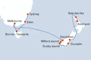 Carte de l’itinéraire du Norwegian Spirit · 12 jours / 11 nuits, Australie & Nouvelle-Zélande