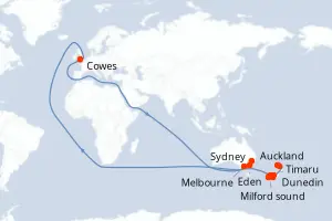 Carte de l’itinéraire du Norwegian Spirit · 12 jours / 11 nuits, Australie & Nouvelle-Zélande