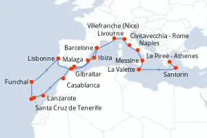 Carte de l’itinéraire de l’EXPLORA II · 30 jours / 29 nuits, Méditerranée occidentale