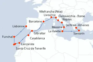 Carte de l’itinéraire de l’EXPLORA II · 23 jours / 22 nuits, Méditerranée occidentale