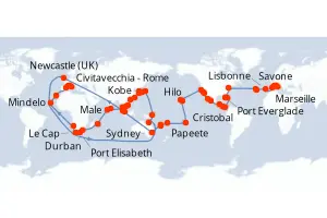 Carte de l’itinéraire du Costa Deliziosa · 141 jours / 140 nuits, Méditerranée occidentale