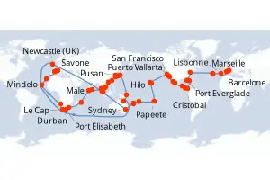 Carte de l’itinéraire du Costa Deliziosa · 139 jours / 138 nuits, Asie du Sud-Est