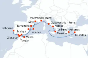 Carte de l’itinéraire du Celestyal Discovery · 23 jours / 22 nuits, Méditerranée occidentale