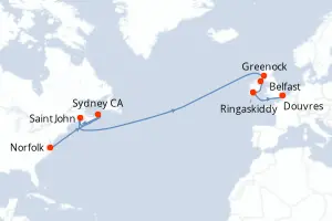 Carte de l’itinéraire du Carnival Sunshine · 16 jours / 15 nuits, Îles britanniques & Irlande
