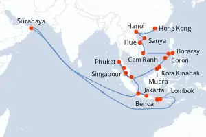Carte de l’itinéraire de l’Oceania Nautica · 28 jours / 27 nuits, Asie du Sud-Est