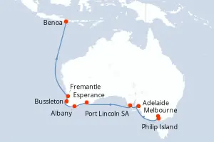 Carte de l’itinéraire du Silver Whisper · 15 jours / 14 nuits, Australie & Nouvelle-Zélande