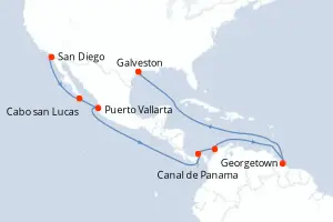 Carte de l’itinéraire du Disney Magic · 15 jours / 14 nuits, Amérique du Nord
