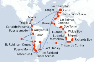 Carte de l’itinéraire du Seabourn Quest · 121 jours / 120 nuits, Amérique du Sud