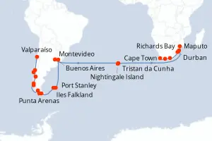 Carte de l’itinéraire du Seabourn Quest · 54 jours / 53 nuits, Amérique du Sud