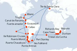 Carte de l’itinéraire du Seabourn Quest · 83 jours / 82 nuits, Amérique du Sud
