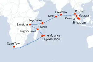 Carte de l’itinéraire du Seabourn Quest · 33 jours / 32 nuits, Océan Indien