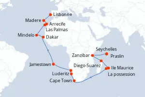 Carte de l’itinéraire du Seabourn Quest · 44 jours / 43 nuits, Îles de l'Atlantique