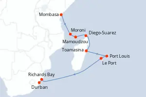 Carte de l’itinéraire du Vasco da Gama · 17 jours / 16 nuits, Océan Indien