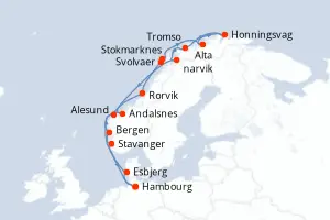 Carte de l’itinéraire du MS Finnmarken · 15 jours / 14 nuits, Norvège