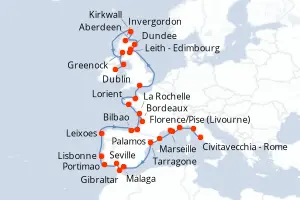 Carte de l’itinéraire de l’Azamara Journey · 36 jours / 35 nuits, Méditerranée occidentale