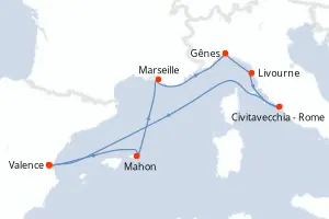 Carte de l’itinéraire du MSC Sinfonia · 8 jours / 7 nuits, Méditerranée occidentale