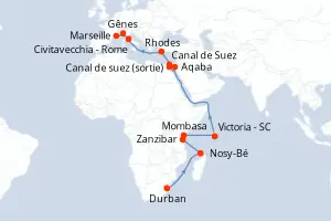 Carte de l’itinéraire du MSC Sinfonia · 28 jours / 27 nuits, Côte d'Azur / Provence