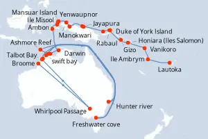 Carte de l’itinéraire du Seabourn Pursuit · 33 jours / 32 nuits, Pacifique Sud / Polynésie