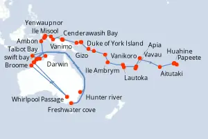 Carte de l’itinéraire du Seabourn Pursuit · 46 jours / 45 nuits, Pacifique Sud / Polynésie