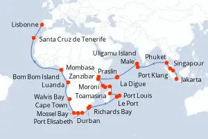 Carte de l’itinéraire du Vasco da Gama · 66 jours / 65 nuits, Océan Indien