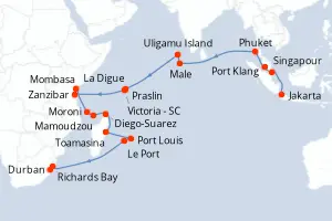Carte de l’itinéraire du Vasco da Gama · 40 jours / 39 nuits, Océan Indien